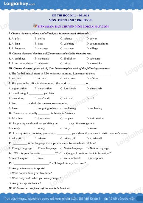 Đề thi giữa kì 2 Tiếng Anh 6 Right on! - Đề số 8